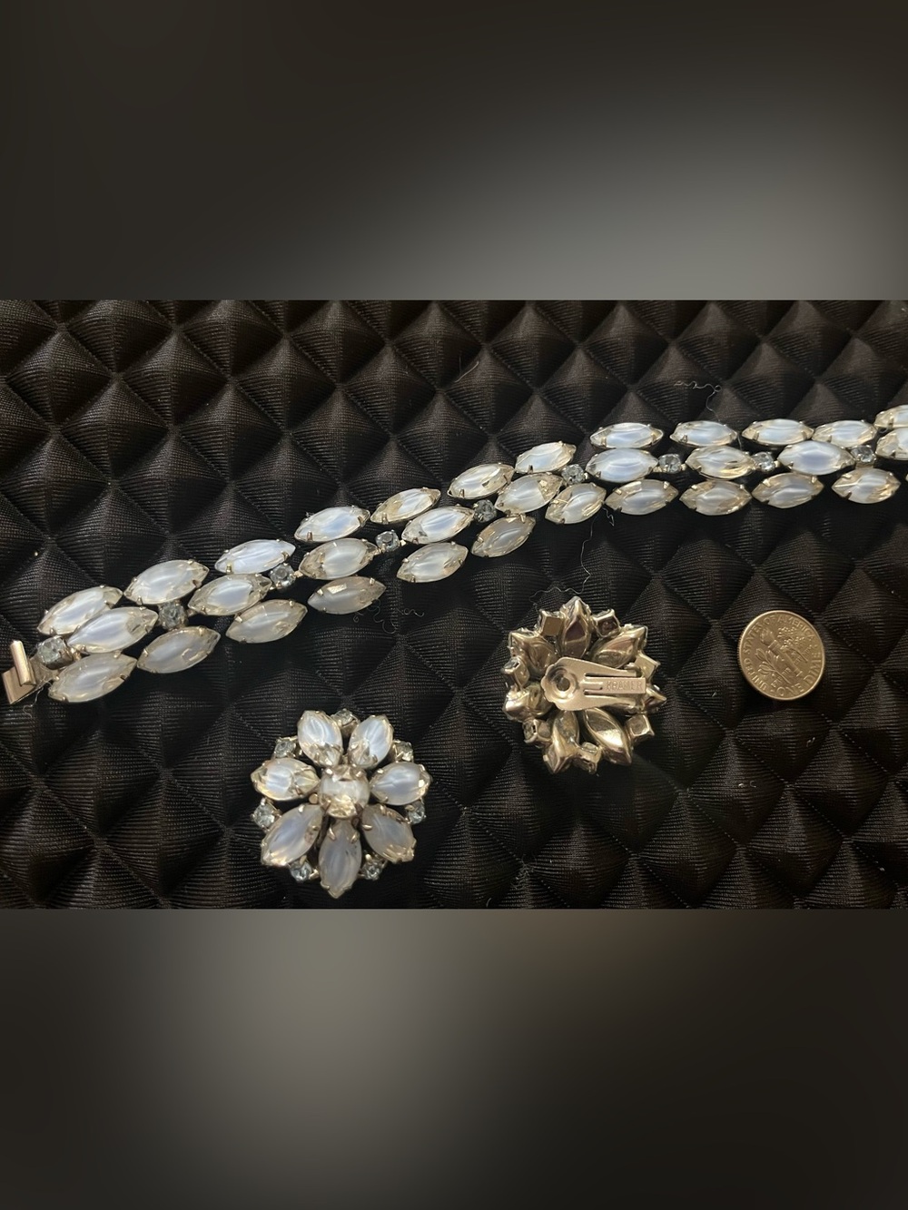 Kramer Silver-Tone White Opal Crystal Bracelet and Clip-On Earrings Set vintage
